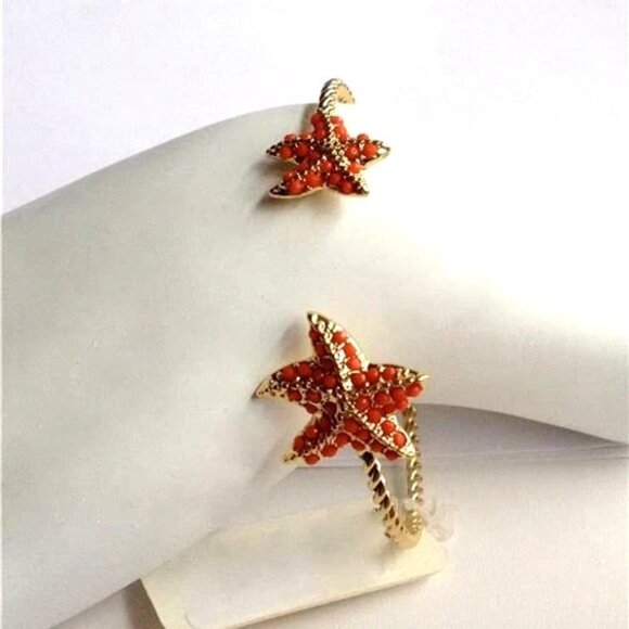 Coral Bead Starfish Cuff Cable Bracelet Nautical Beach Gold Plated Adjustable - Picture 5 of 10